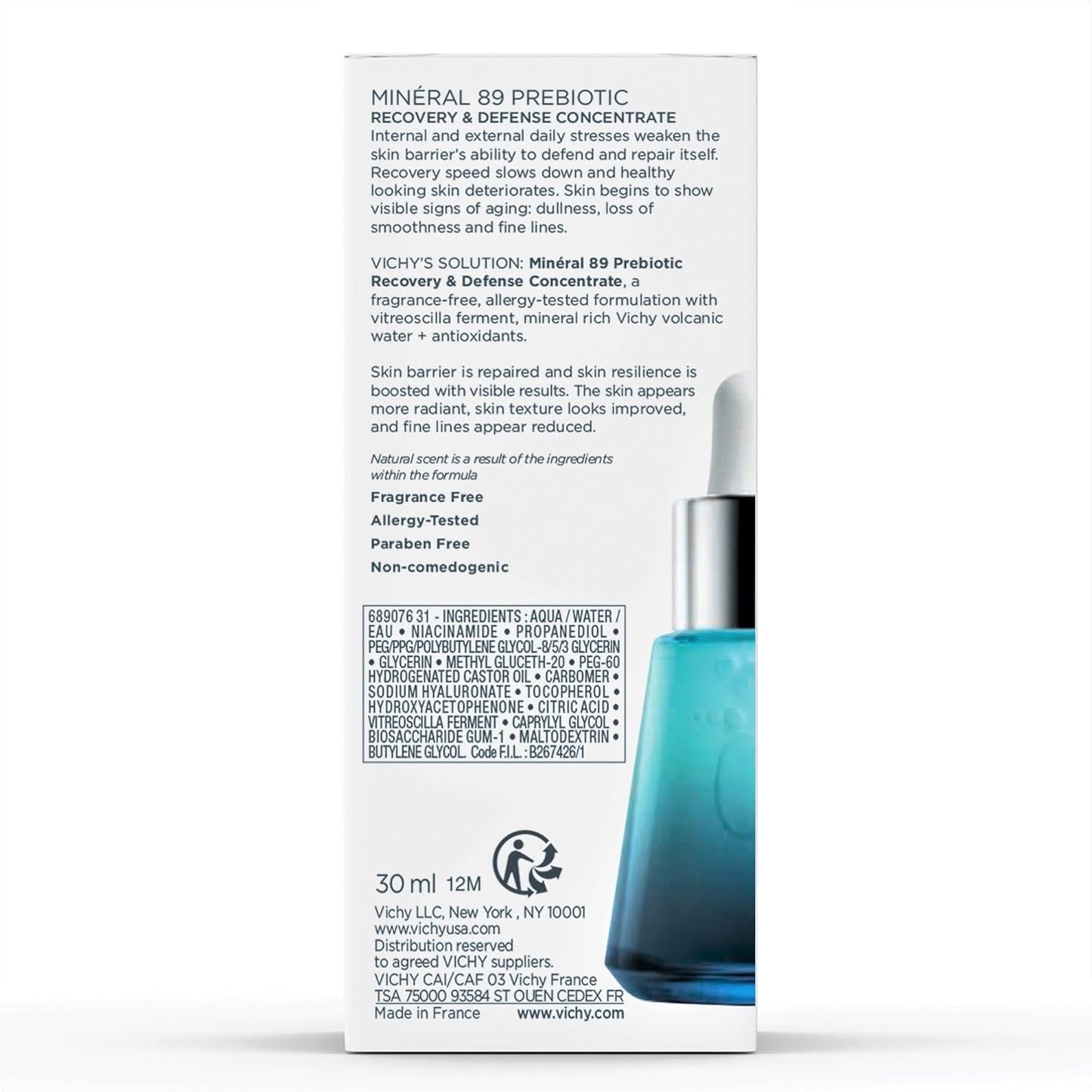 Vichy Mineral 89 Prebiotic Defense & Recovery Concentrate, Niacinamide Serum for Face, Skin Barrier Repair Seum with Antioxidants, Pore Minimizer & Hydrating Serum for Dull, Dry Skin