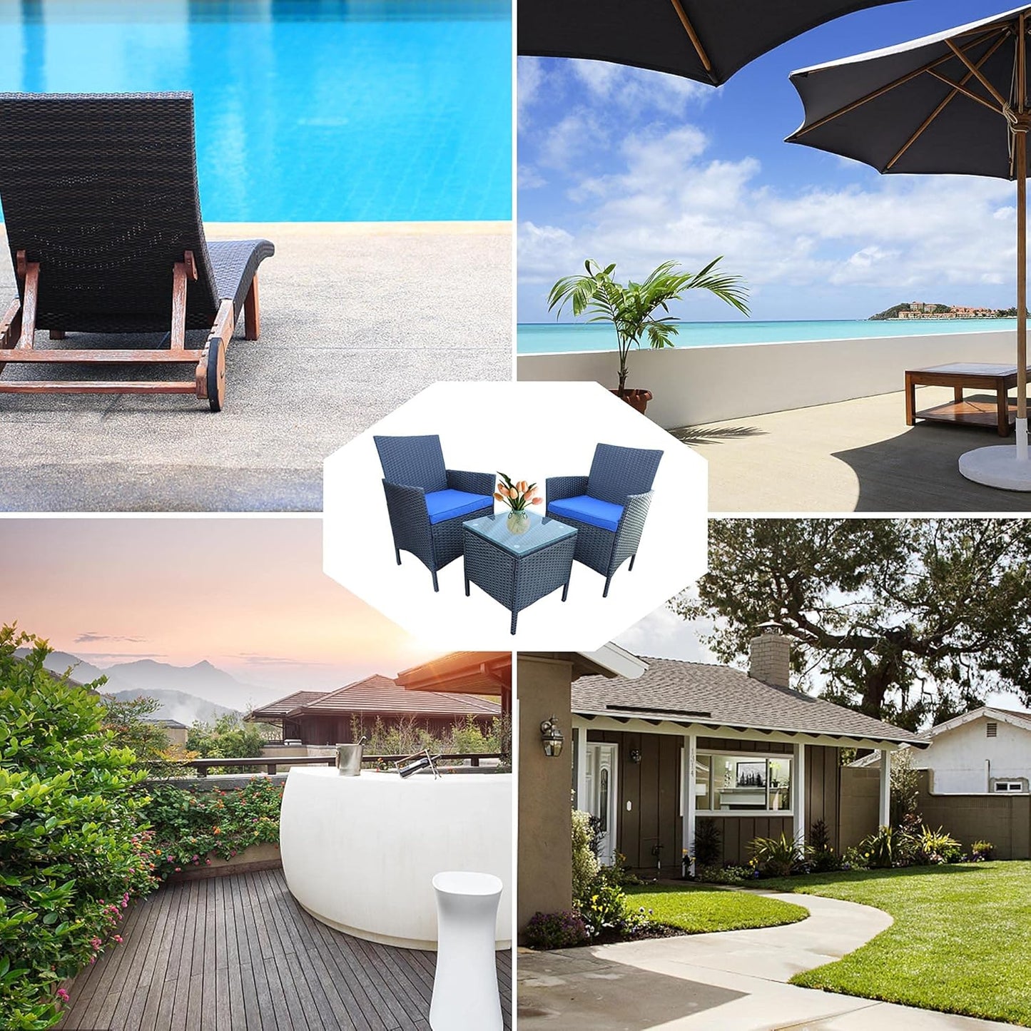 3 Piece Patio Furniture Set, Wicker Patio Furniture Sets, Patio Bistro Set, Outdoor Wicker Rattan Furniture, Outdoor Patio Set, Patio Furniture Set (Black Sets + Blue Cushion)