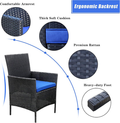 3 Piece Patio Furniture Set, Wicker Patio Furniture Sets, Patio Bistro Set, Outdoor Wicker Rattan Furniture, Outdoor Patio Set, Patio Furniture Set (Black Sets + Blue Cushion)