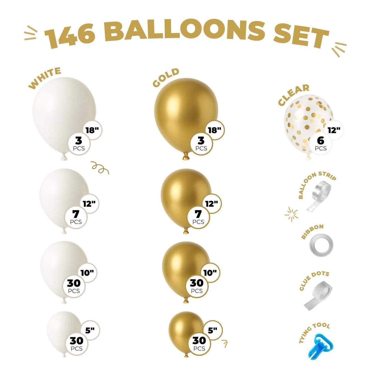 Balloon Garland Arch Kit 146 Pcs White Metallic Gold Confetti Balloons for Baby Shower Birthday Gender Reveal Wedding Party DIY Kit