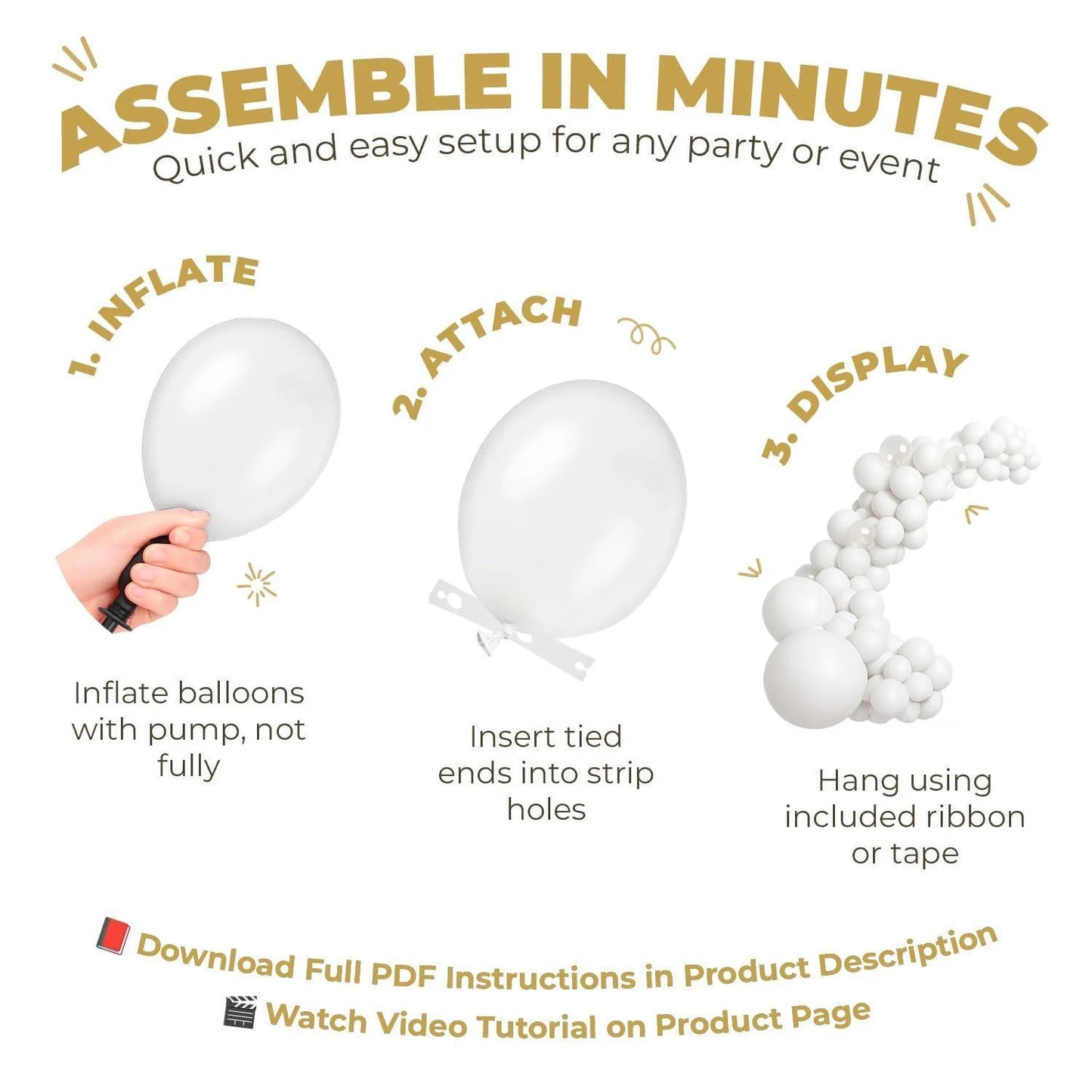 Balloon Garland Arch Kit 146 Pcs White Metallic Gold Confetti Balloons for Baby Shower Birthday Gender Reveal Wedding Party DIY Kit