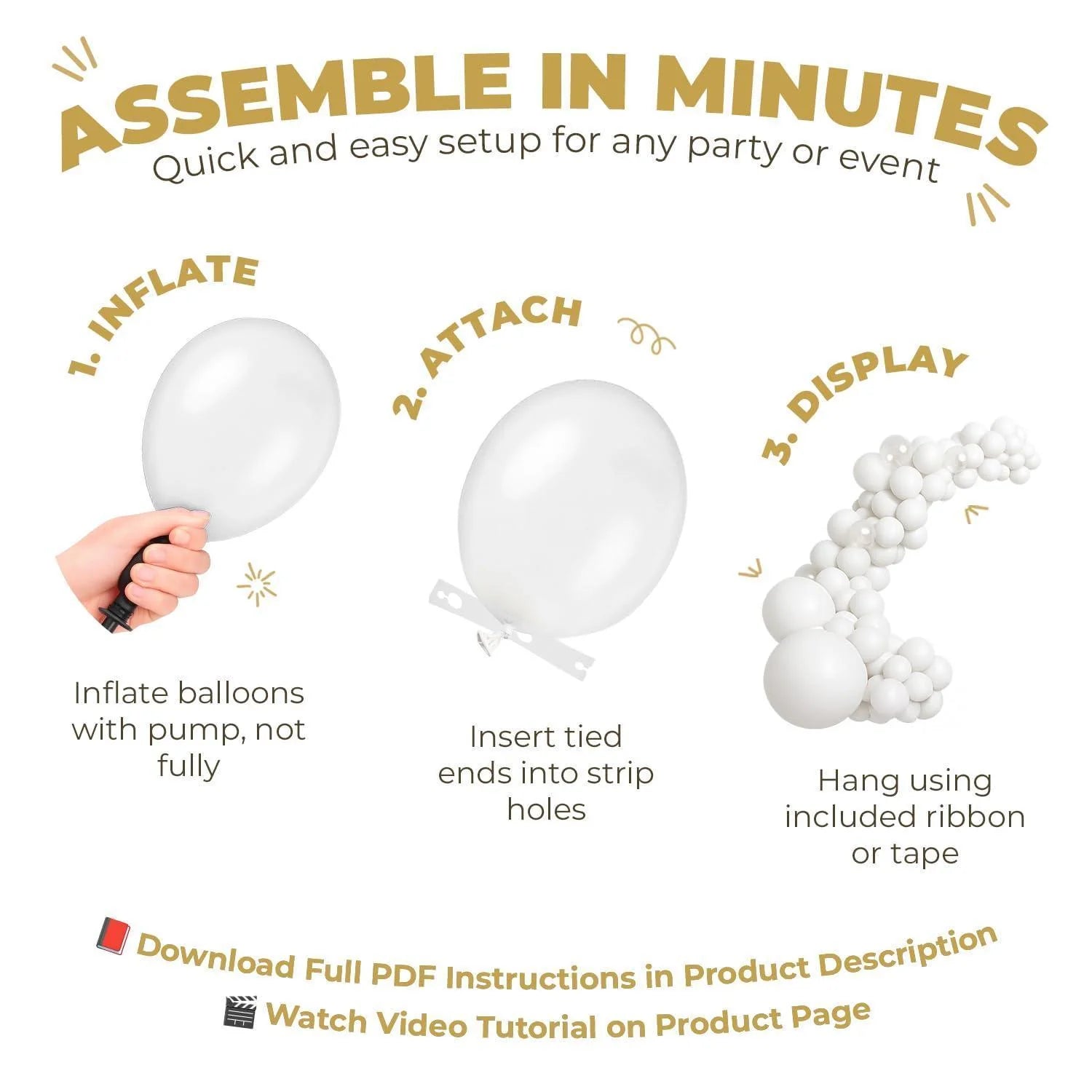 Balloon Garland Arch Kit 146 Pcs White Metallic Gold Confetti Balloons for Baby Shower Birthday Gender Reveal Wedding Party DIY Kit