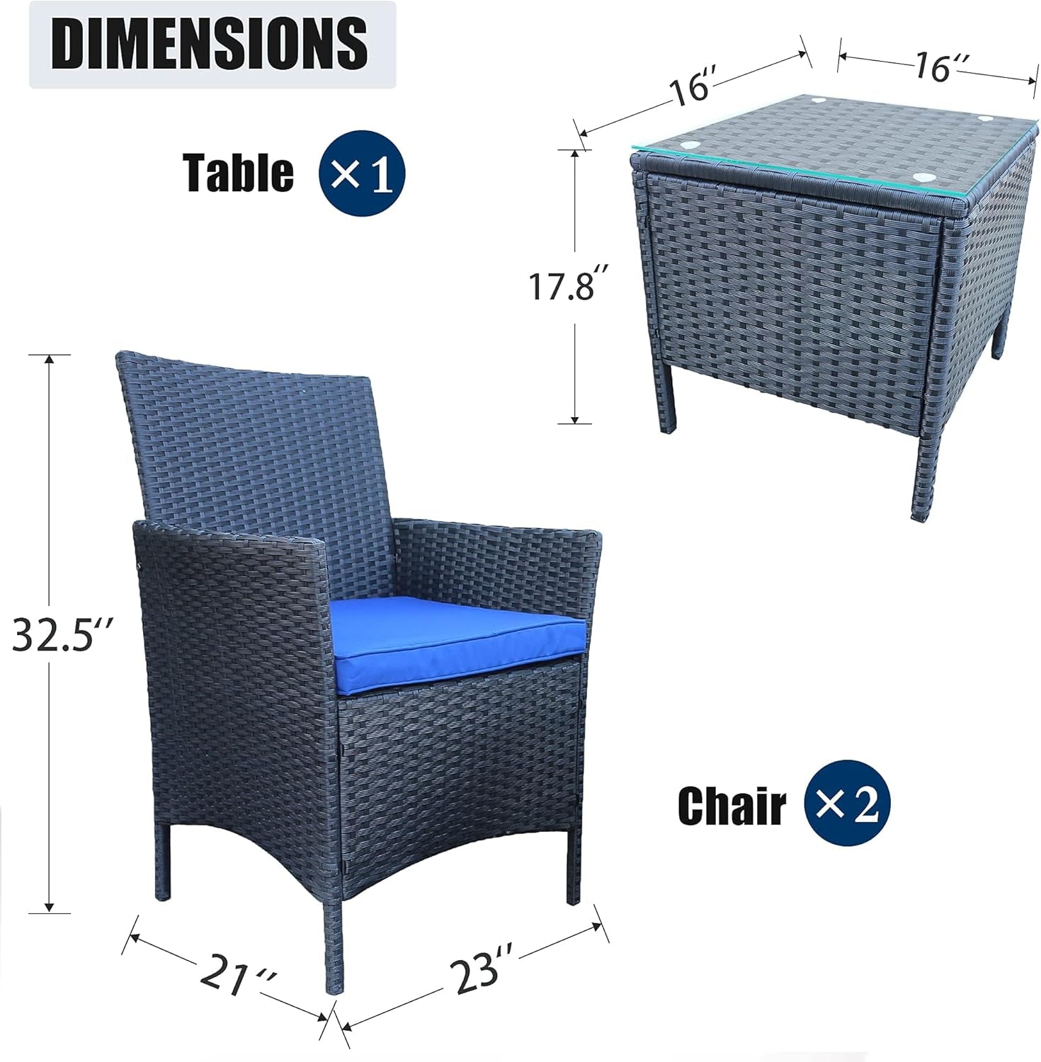 3 Piece Patio Furniture Set, Wicker Patio Furniture Sets, Patio Bistro Set, Outdoor Wicker Rattan Furniture, Outdoor Patio Set, Patio Furniture Set (Black Sets + Blue Cushion)