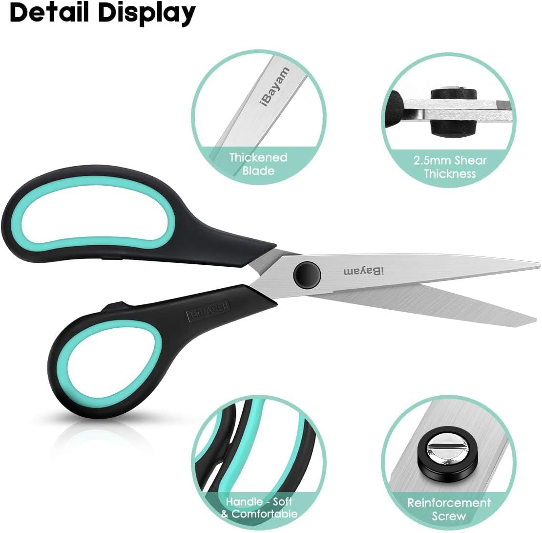 3-Pack 8" Heavy Duty Scissors with Ultra Sharp Blades and Comfort Grip Handles - for Office, Home, School, Sewing, and Crafts