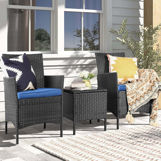 3 Piece Patio Furniture Set, Wicker Patio Furniture Sets, Patio Bistro Set, Outdoor Wicker Rattan Furniture, Outdoor Patio Set, Patio Furniture Set (Black Sets + Blue Cushion)