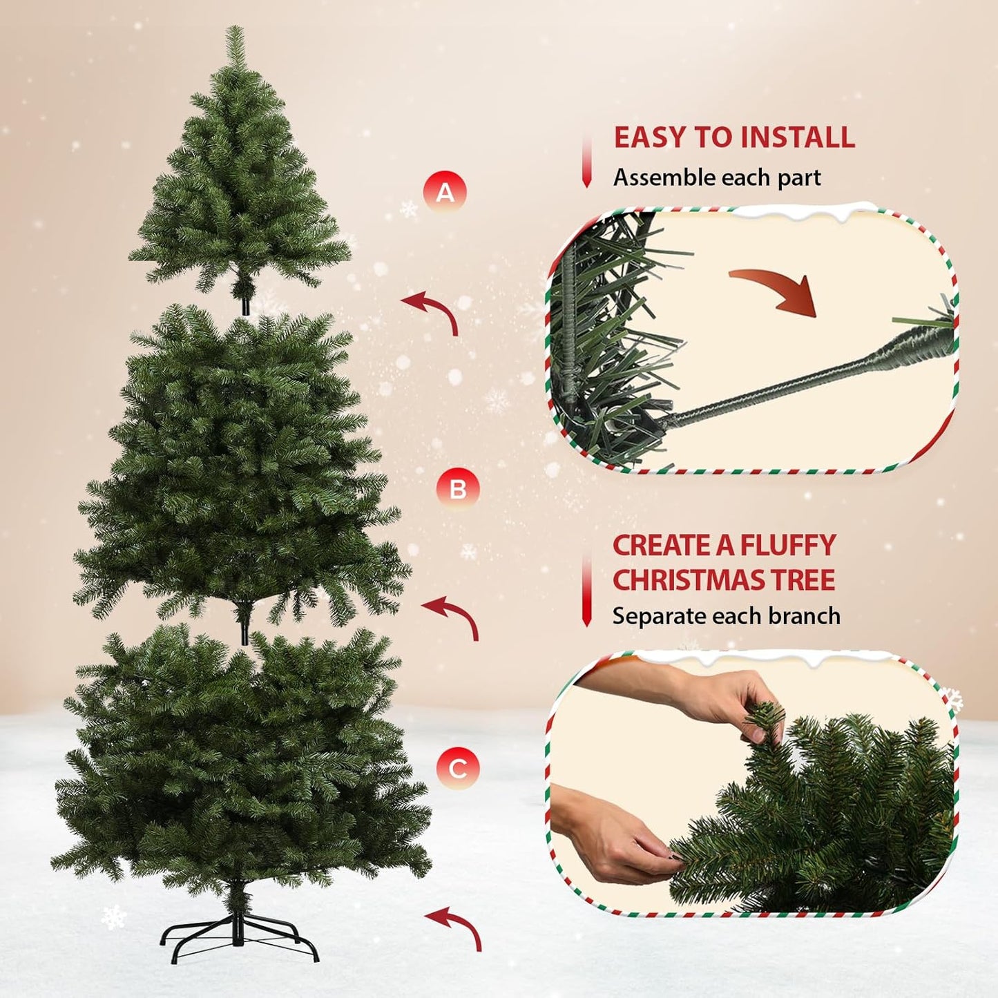 6Ft Artificial Christmas Tree Premium Pine Xmas Tree with 1000 Branch Tip, 1 Minute Christmas Tree Unlit Realistic Holiday Party Decor for Home Office, Foldable Stand, Easy Assembly
