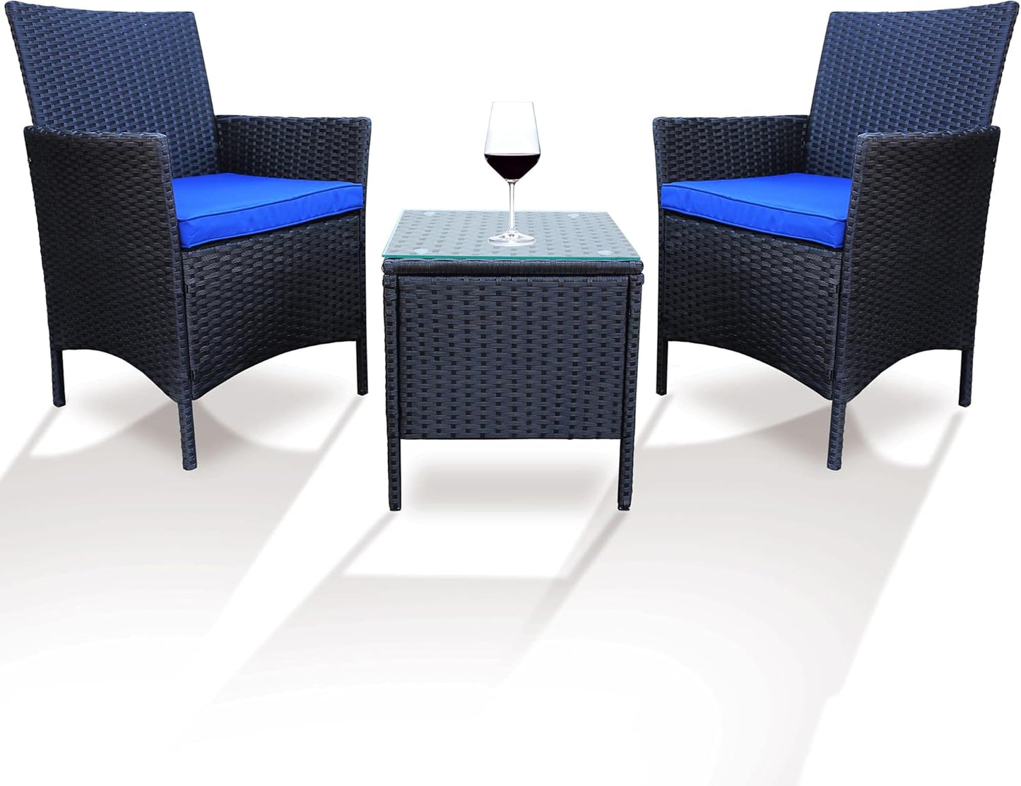 3 Piece Patio Furniture Set, Wicker Patio Furniture Sets, Patio Bistro Set, Outdoor Wicker Rattan Furniture, Outdoor Patio Set, Patio Furniture Set (Black Sets + Blue Cushion)