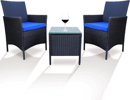 3 Piece Patio Furniture Set, Wicker Patio Furniture Sets, Patio Bistro Set, Outdoor Wicker Rattan Furniture, Outdoor Patio Set, Patio Furniture Set (Black Sets + Blue Cushion)