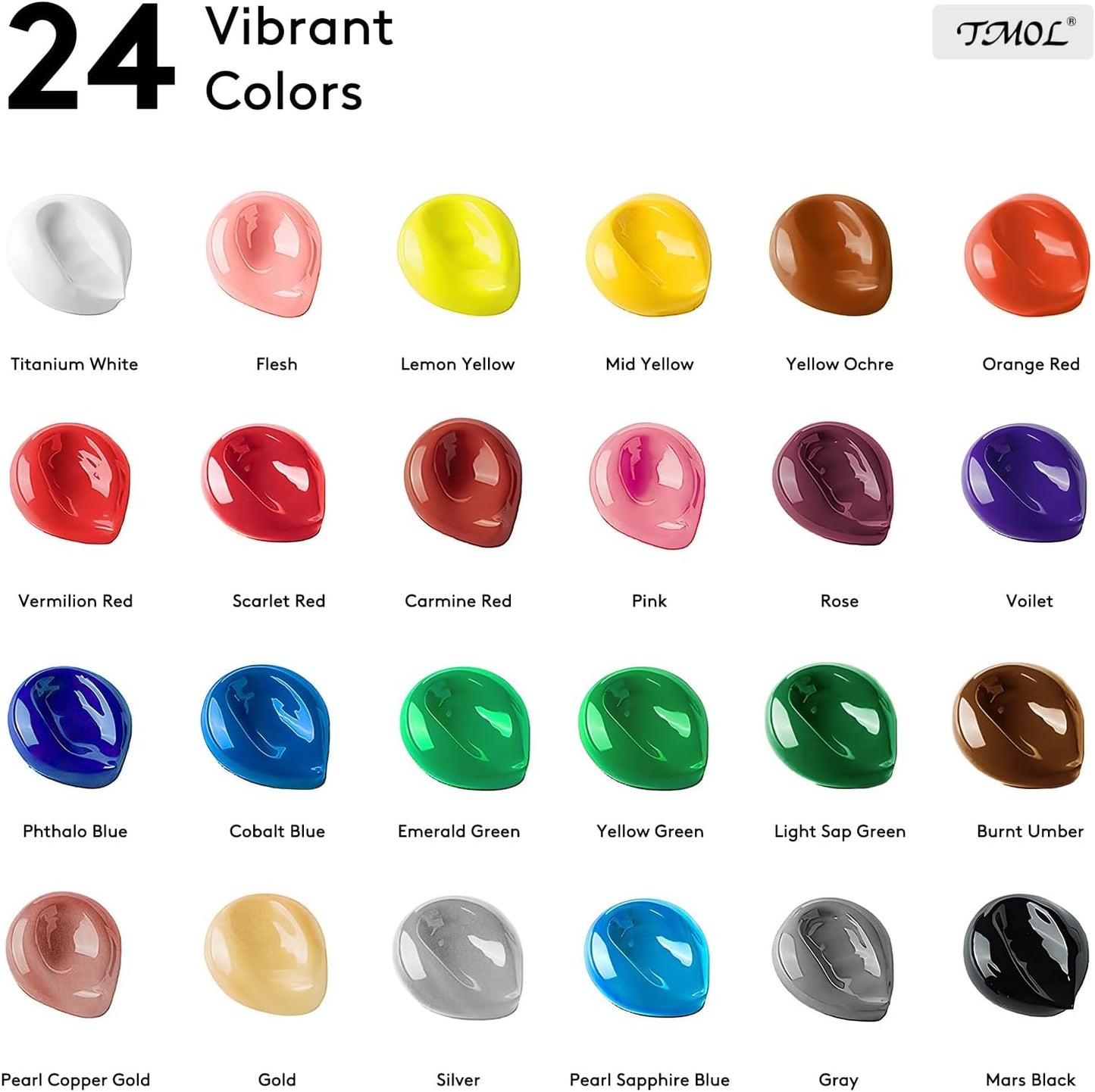 Acrylic Paint Set, 24 Colors (2 Oz/Bottle) with 12 Art Brushes, Art Supplies for Painting Canvas, Wood, Ceramic & Fabric, Rich Pigments Lasting Quality for Beginners, Students & Professional Artist