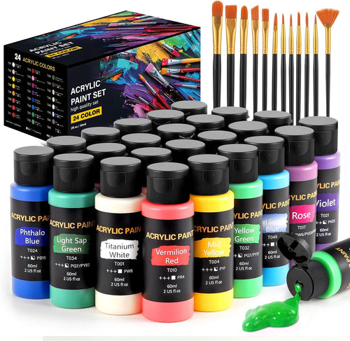 Acrylic Paint Set, 24 Colors (2 Oz/Bottle) with 12 Art Brushes, Art Supplies for Painting Canvas, Wood, Ceramic & Fabric, Rich Pigments Lasting Quality for Beginners, Students & Professional Artist