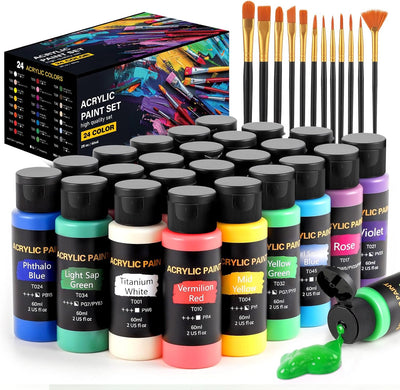 Acrylic Paint Set, 24 Colors (2 Oz/Bottle) with 12 Art Brushes, Art Supplies for Painting Canvas, Wood, Ceramic & Fabric, Rich Pigments Lasting Quality for Beginners, Students & Professional Artist
