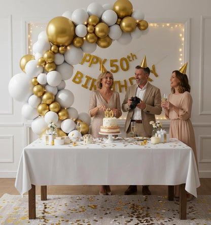 Balloon Garland Arch Kit 146 Pcs White Metallic Gold Confetti Balloons for Baby Shower Birthday Gender Reveal Wedding Party DIY Kit