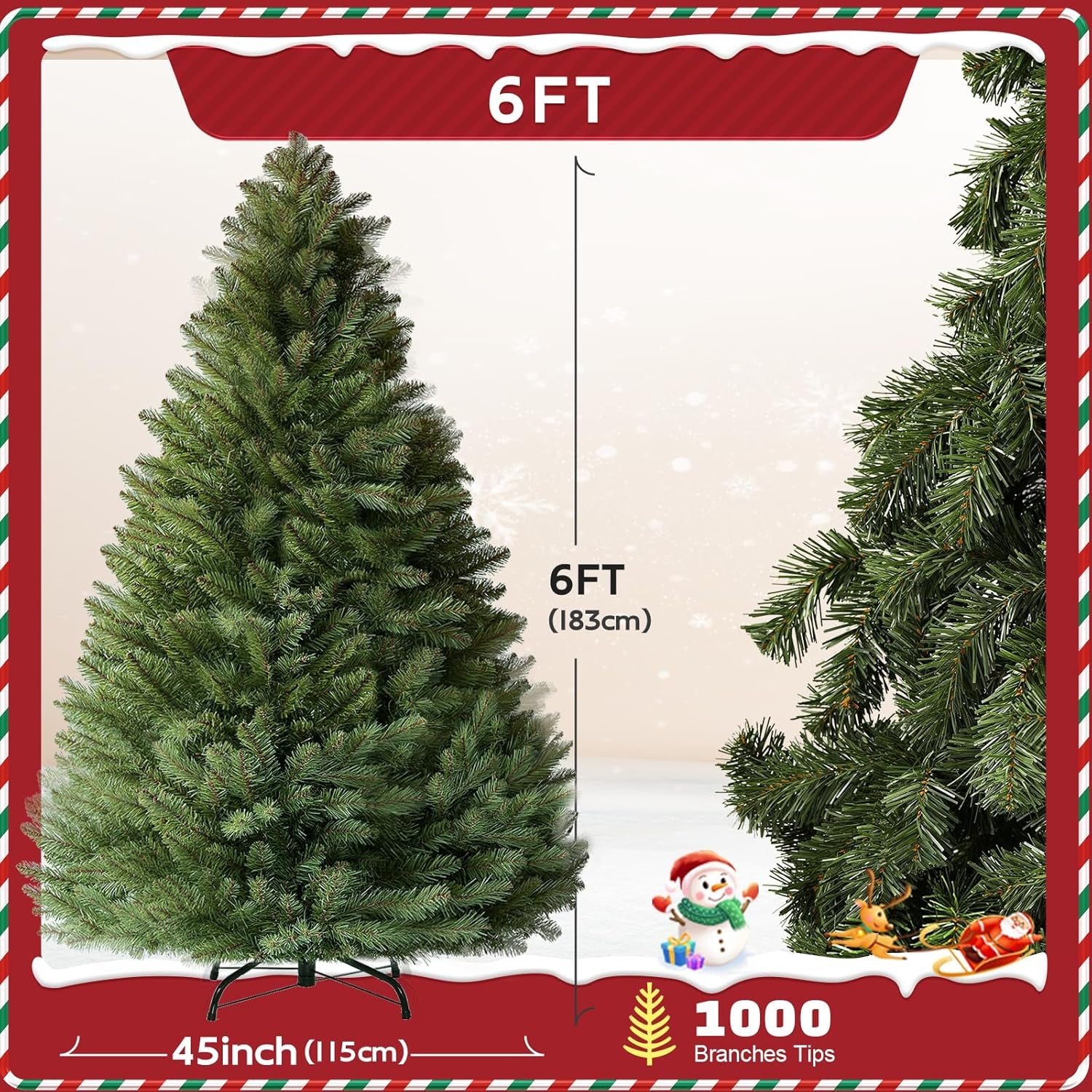 6Ft Artificial Christmas Tree Premium Pine Xmas Tree with 1000 Branch Tip, 1 Minute Christmas Tree Unlit Realistic Holiday Party Decor for Home Office, Foldable Stand, Easy Assembly