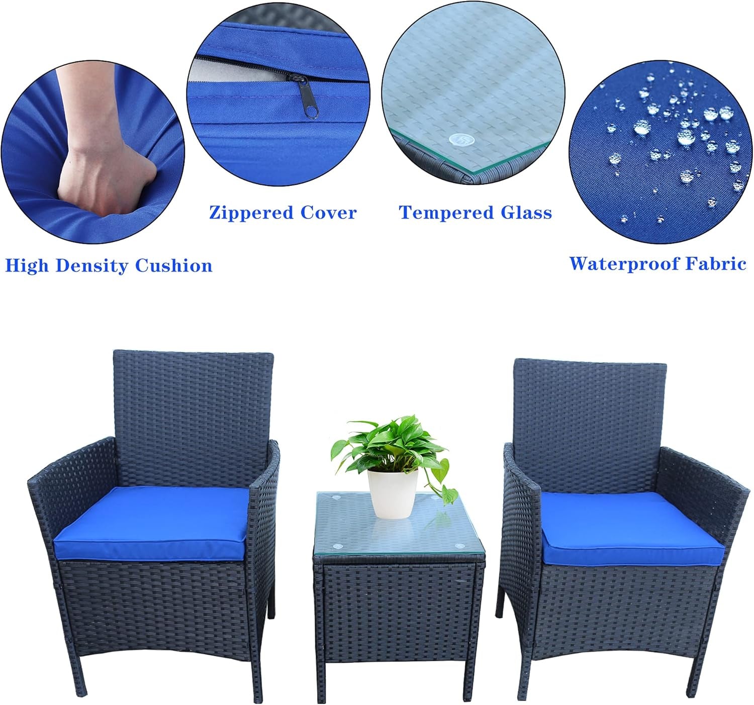 3 Piece Patio Furniture Set, Wicker Patio Furniture Sets, Patio Bistro Set, Outdoor Wicker Rattan Furniture, Outdoor Patio Set, Patio Furniture Set (Black Sets + Blue Cushion)