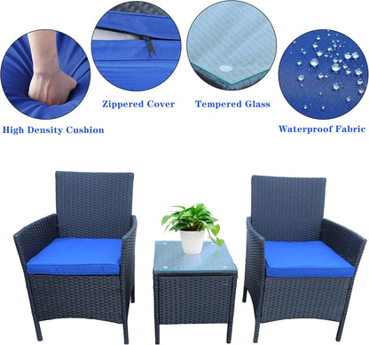 3 Piece Patio Furniture Set, Wicker Patio Furniture Sets, Patio Bistro Set, Outdoor Wicker Rattan Furniture, Outdoor Patio Set, Patio Furniture Set (Black Sets + Blue Cushion)