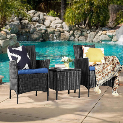3 Piece Patio Furniture Set, Wicker Patio Furniture Sets, Patio Bistro Set, Outdoor Wicker Rattan Furniture, Outdoor Patio Set, Patio Furniture Set (Black Sets + Blue Cushion)