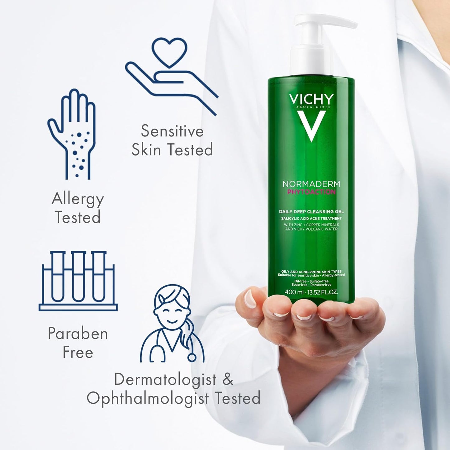 VICHY Normaderm Daily Acne Face Wash, Salicylic Acid Face Cleanser for Oily & Acne Prone Skin, Acne Cleanser That Clears Clogged Pores and Blackhead