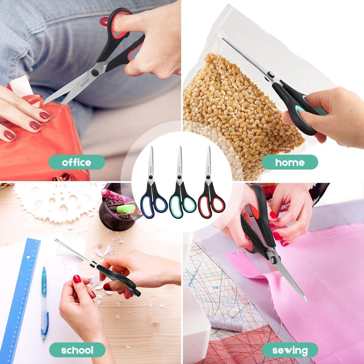 3-Pack 8" Heavy Duty Scissors with Ultra Sharp Blades and Comfort Grip Handles - for Office, Home, School, Sewing, and Crafts