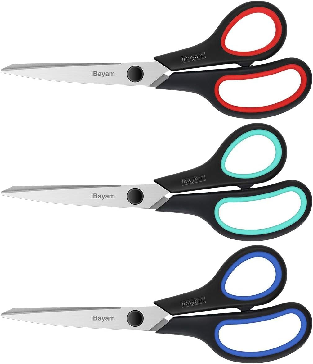 3-Pack 8" Heavy Duty Scissors with Ultra Sharp Blades and Comfort Grip Handles - for Office, Home, School, Sewing, and Crafts